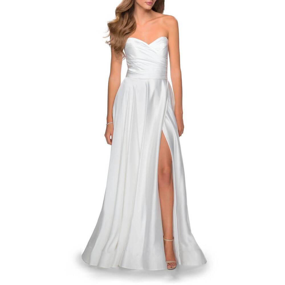 La Femme White Strapless Maxi Dress with High Slit